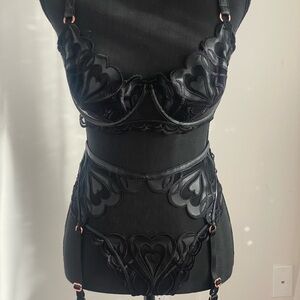 Honey Birdette Black Hearts 3 piece set with stockings, Limited Edition